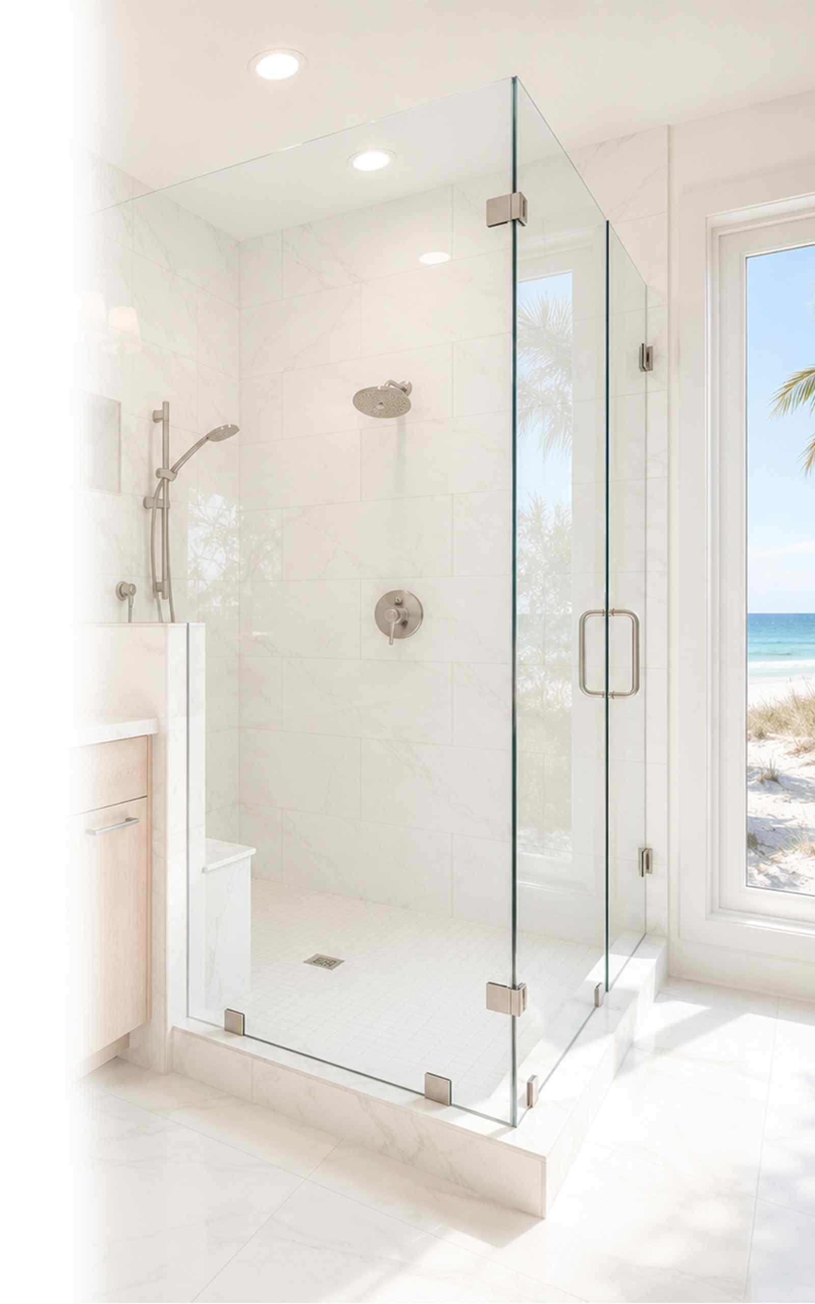 Beautiful frameless glass shower door installed in a bright coastal Sarasota bathroom with a beach view