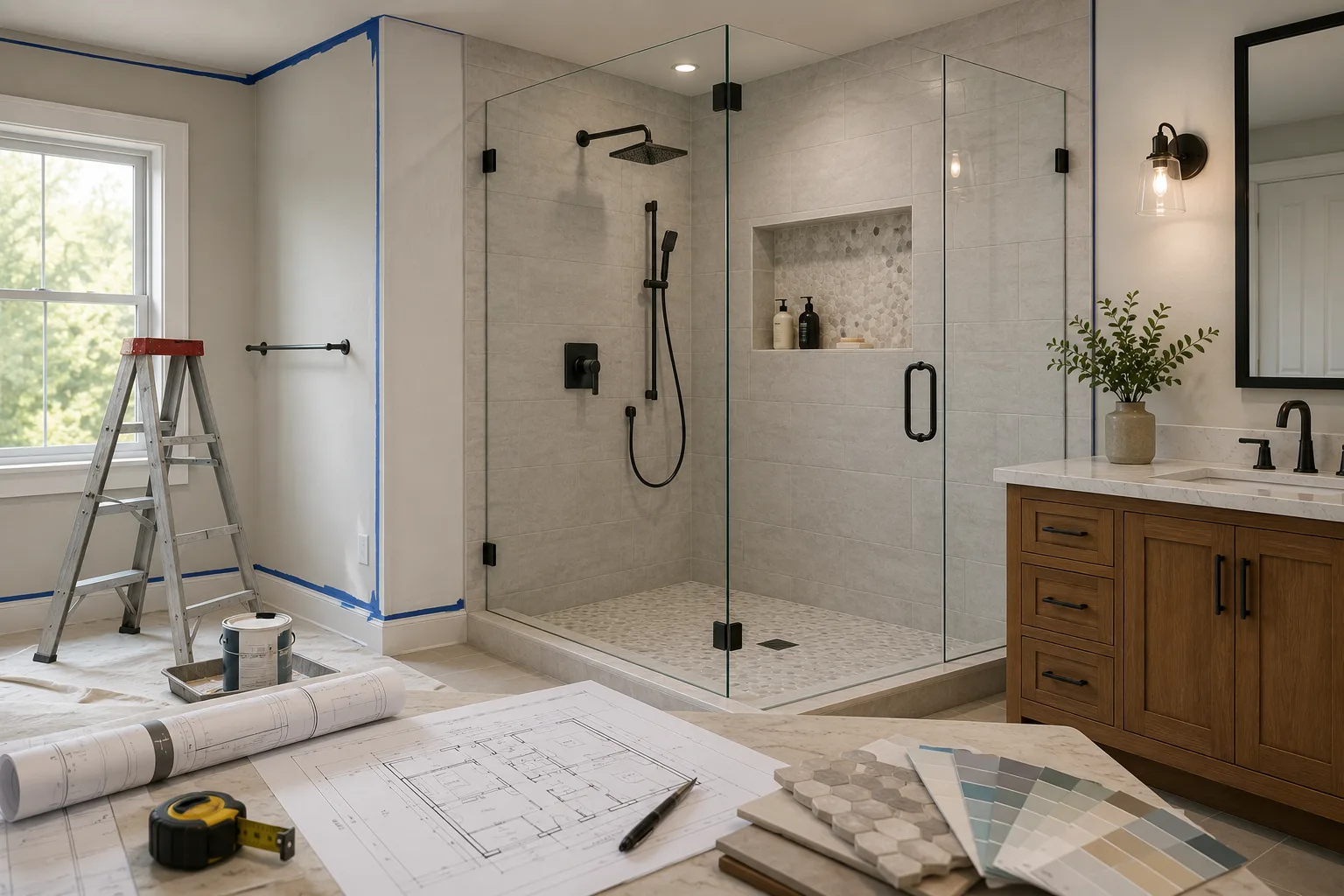 Bathroom mid-remodel with a finished frameless corner shower with black hardware, painter's tape on the walls, a ladder, floor plans, a tape measure, and tile samples