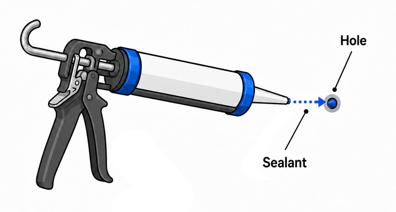 Illustration of a caulking gun applying sealant inside a drilled hole before the wall anchor is installed
