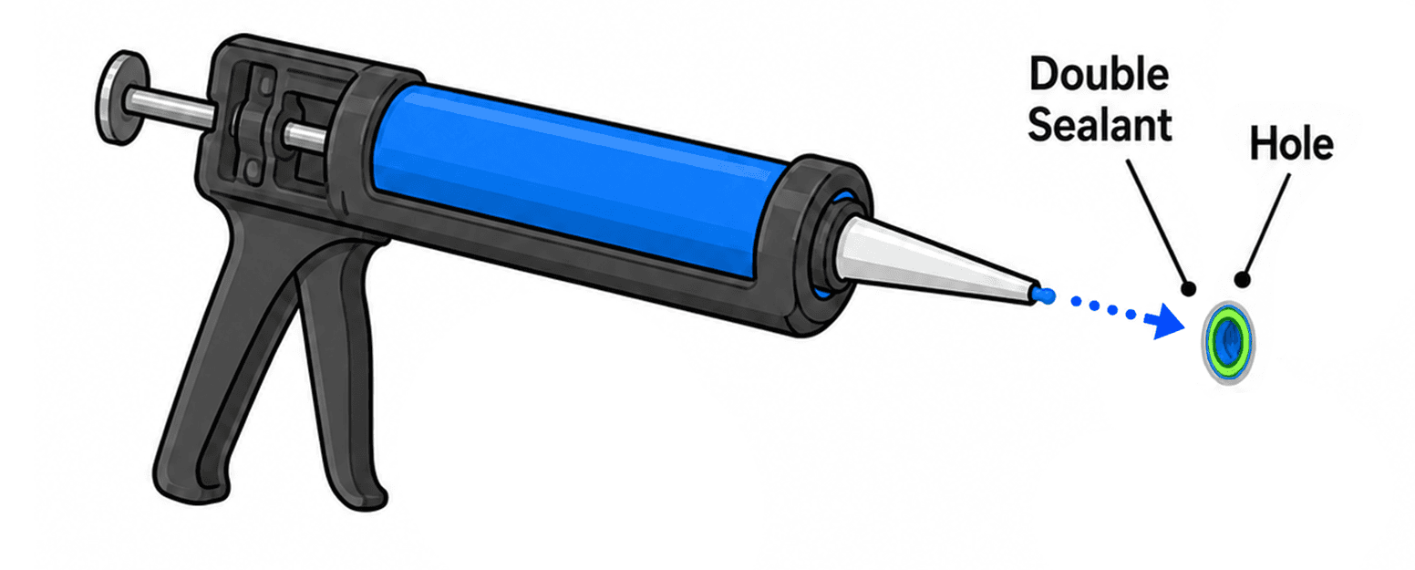 Illustration of a caulking gun applying a second layer of sealant to the anchored hole before fastening