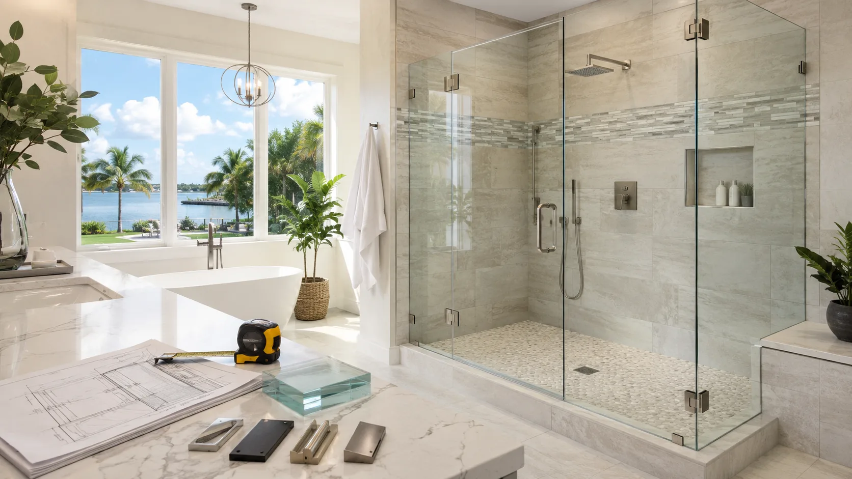 Custom frameless shower enclosure in a modern Sarasota bathroom with glass and hardware samples