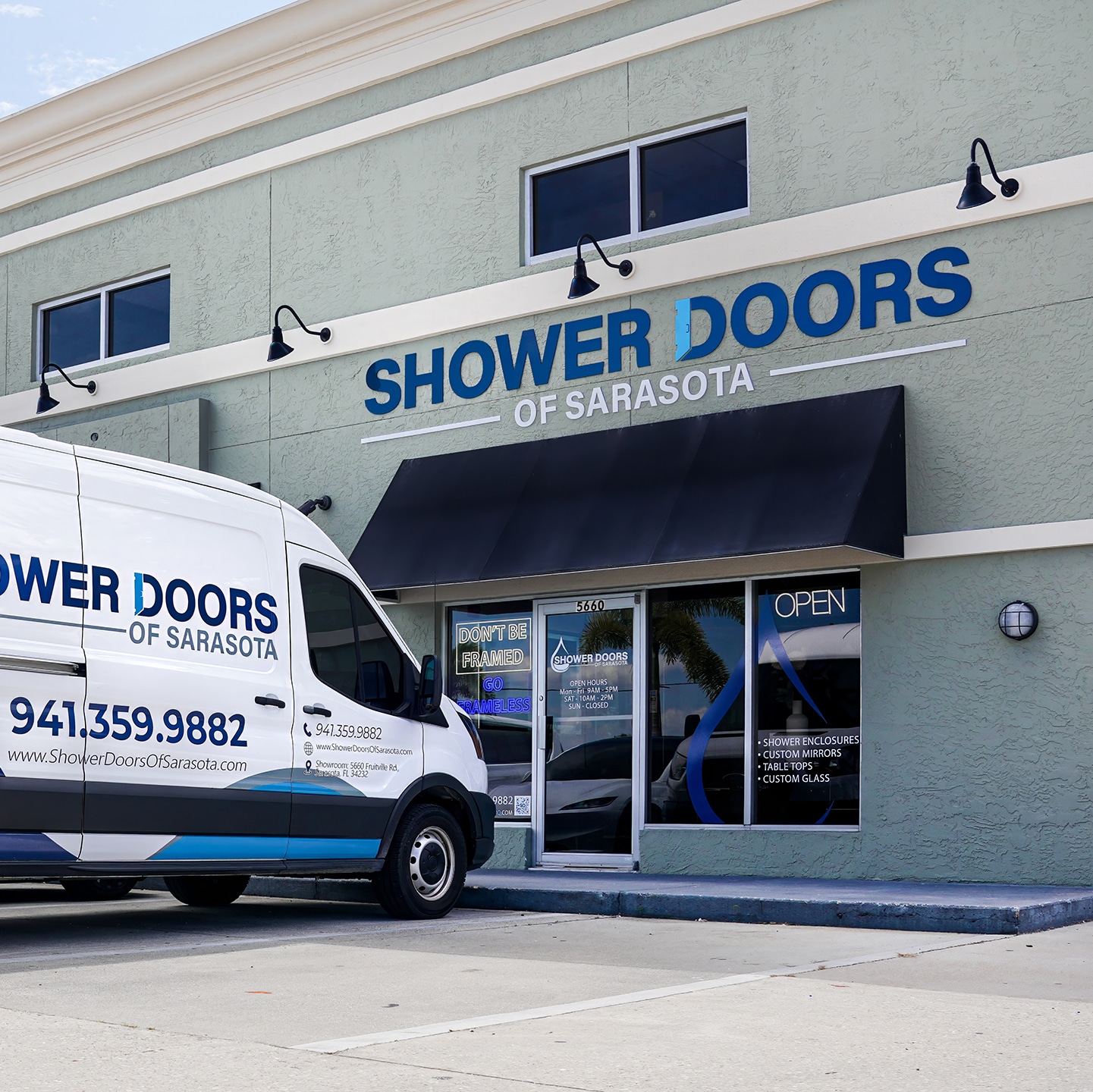 Shower Doors of Sarasota storefront and service van