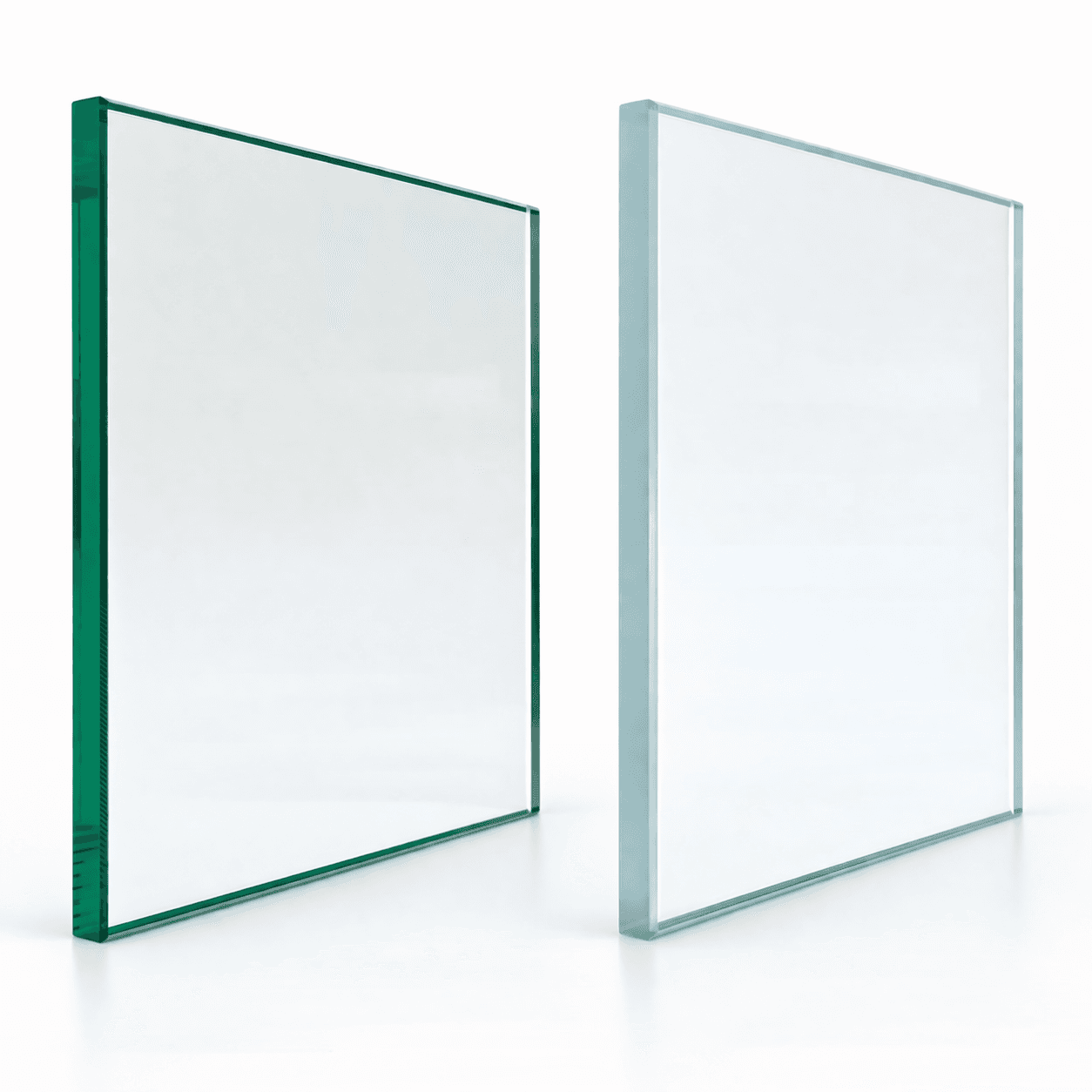 Low-iron clear glass compared to standard glass showing the difference in green tint