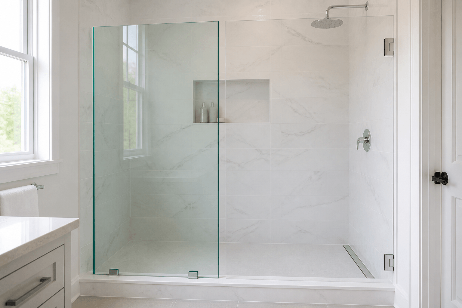 Standard clear glass with a green edge beside color-neutral low-iron glass in a bright marble-tile shower