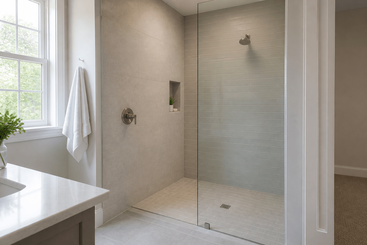 Walk-in glass shower with a control valve near the entrance and the showerhead farther inside.