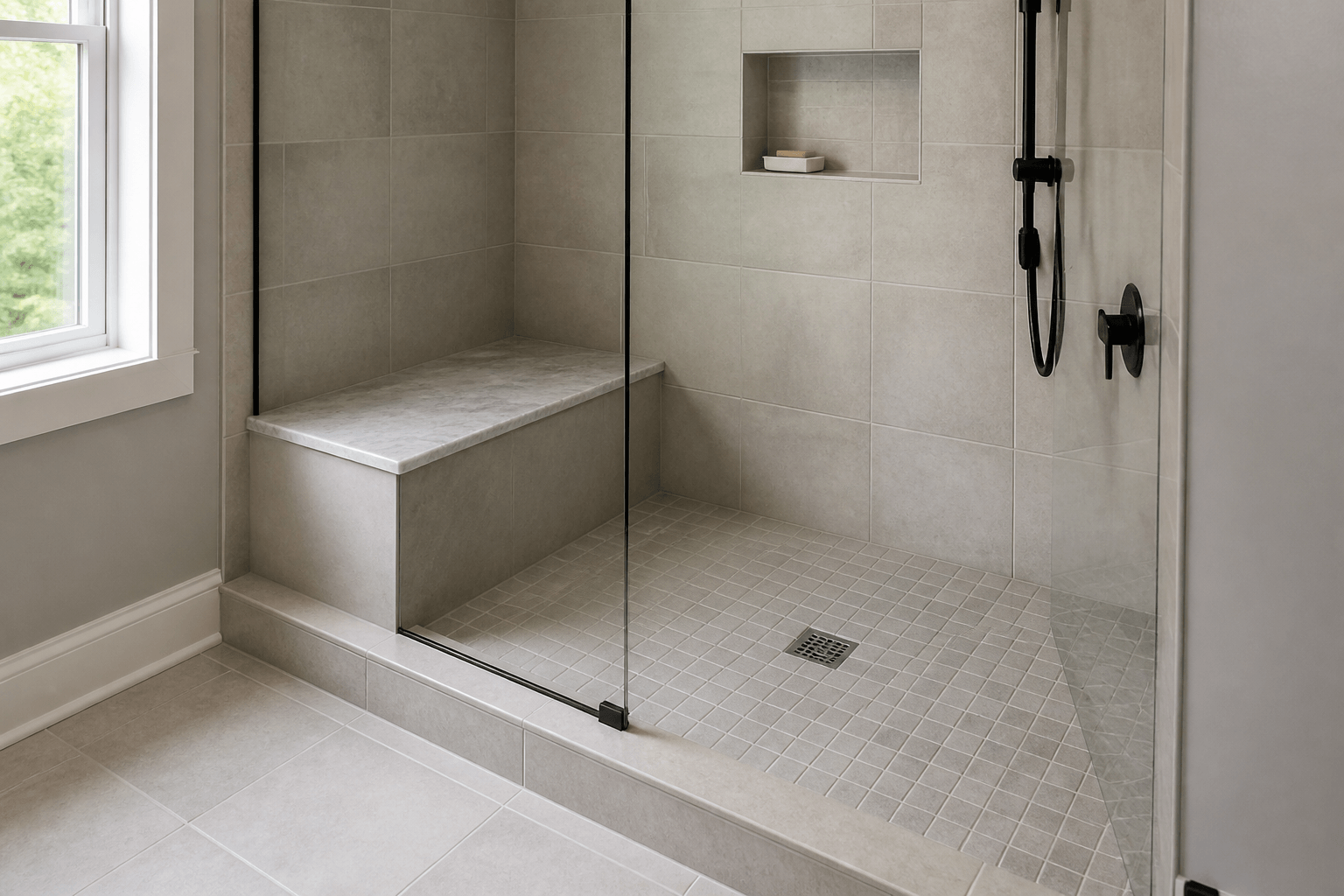 Frameless shower glass aligned with a tiled curb and built-in bench inside the wet area.