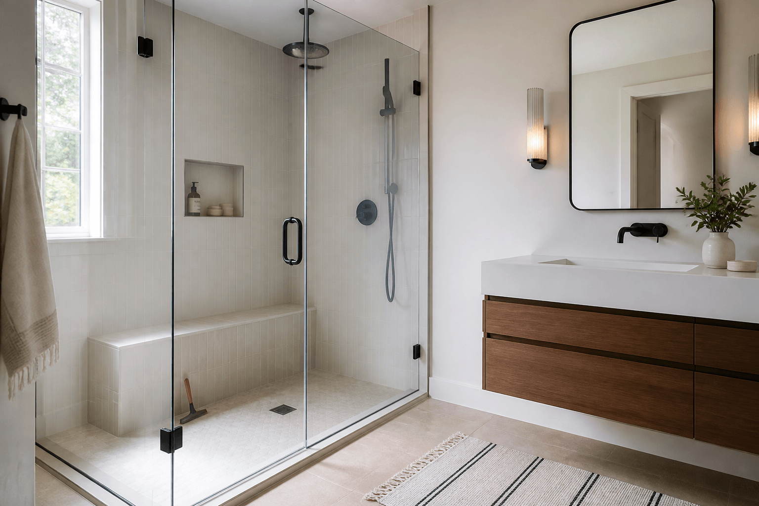 Frameless glass shower with accessible gaps around the bench, vanity, curb, and door.