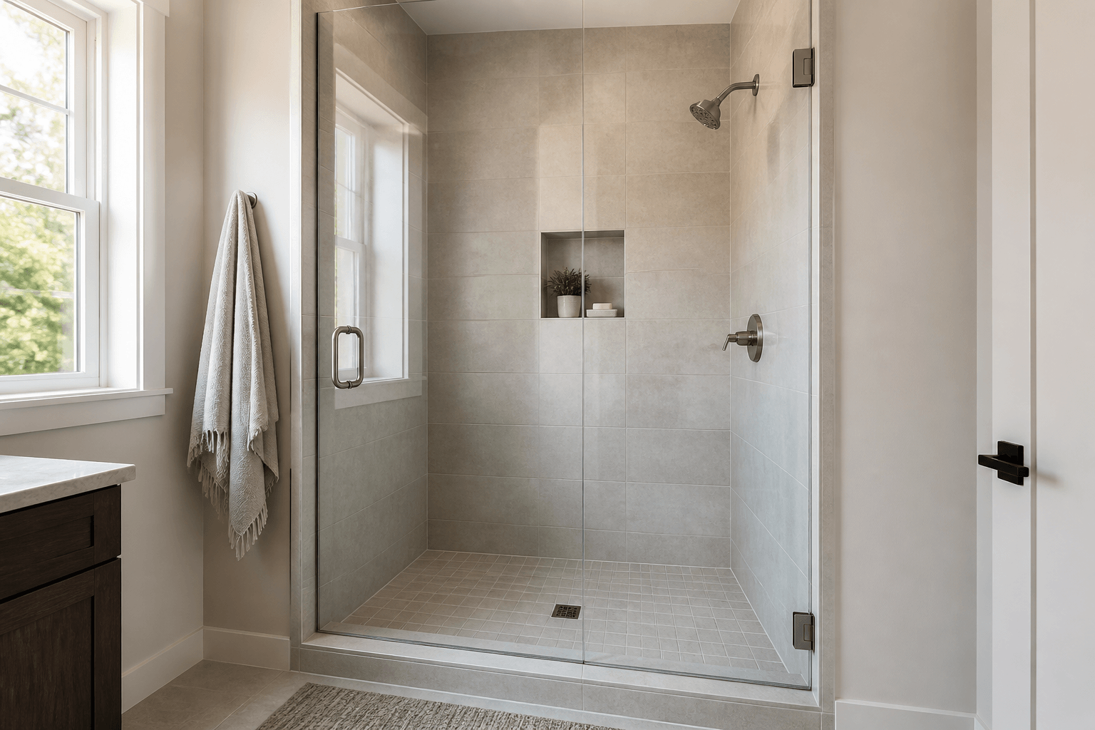 Frameless glass shower with the showerhead positioned opposite the hinged door and aimed inward.