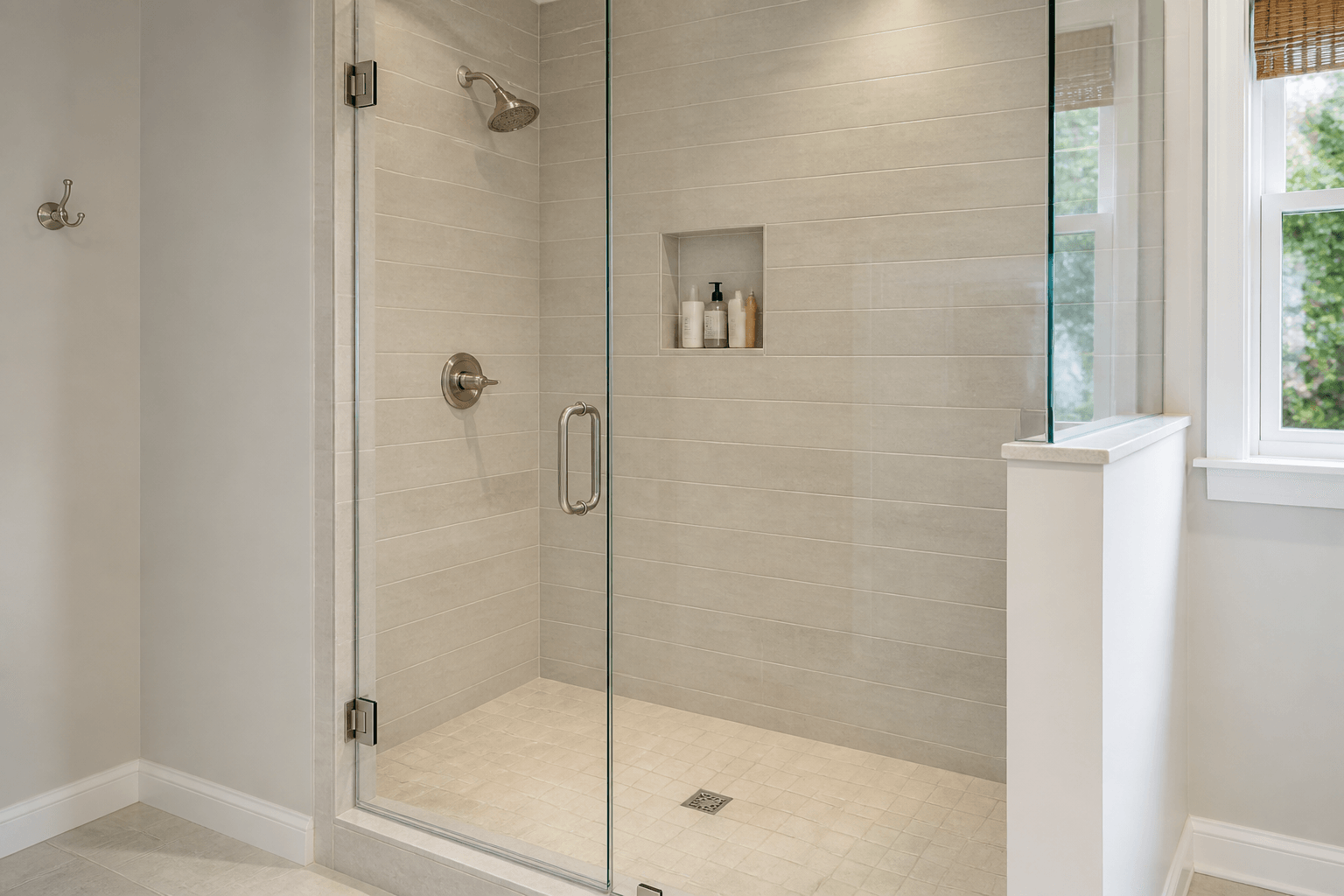 Frameless glass shower with a recessed niche placed away from the door hinges and panel edges.