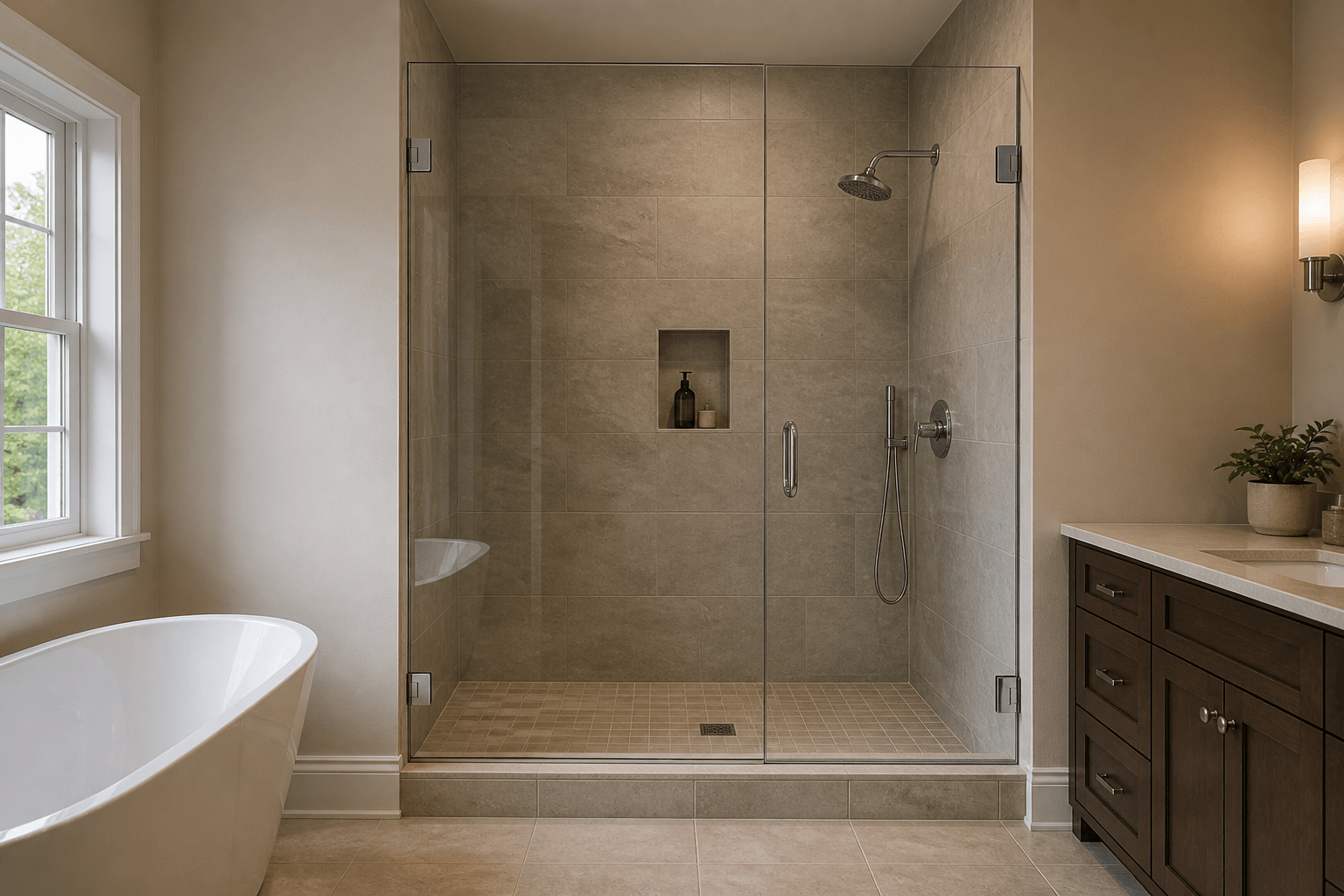 Frameless shower glass extends above the showerhead with open space below the ceiling.