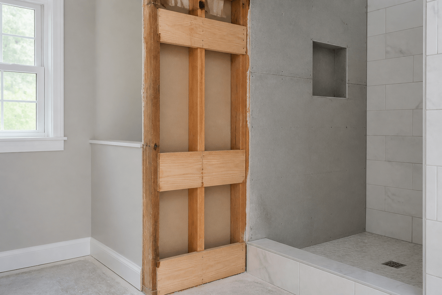 Wood blocking between shower wall studs provides structural backing for frameless glass door hardware.