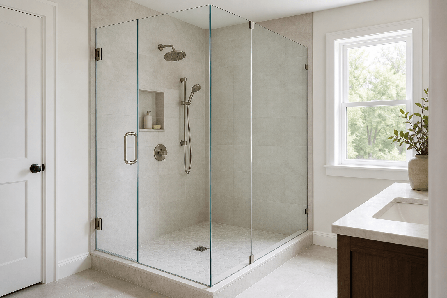 Frameless glass shower with hinges, handle, clips, and a clear bottom sweep in a naturally lit bathroom.