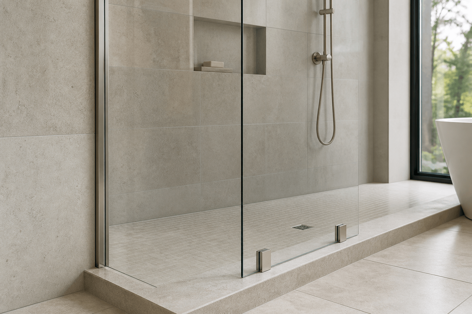 Fixed shower glass panel with a slim wall U-channel and metal clamps at the curb.