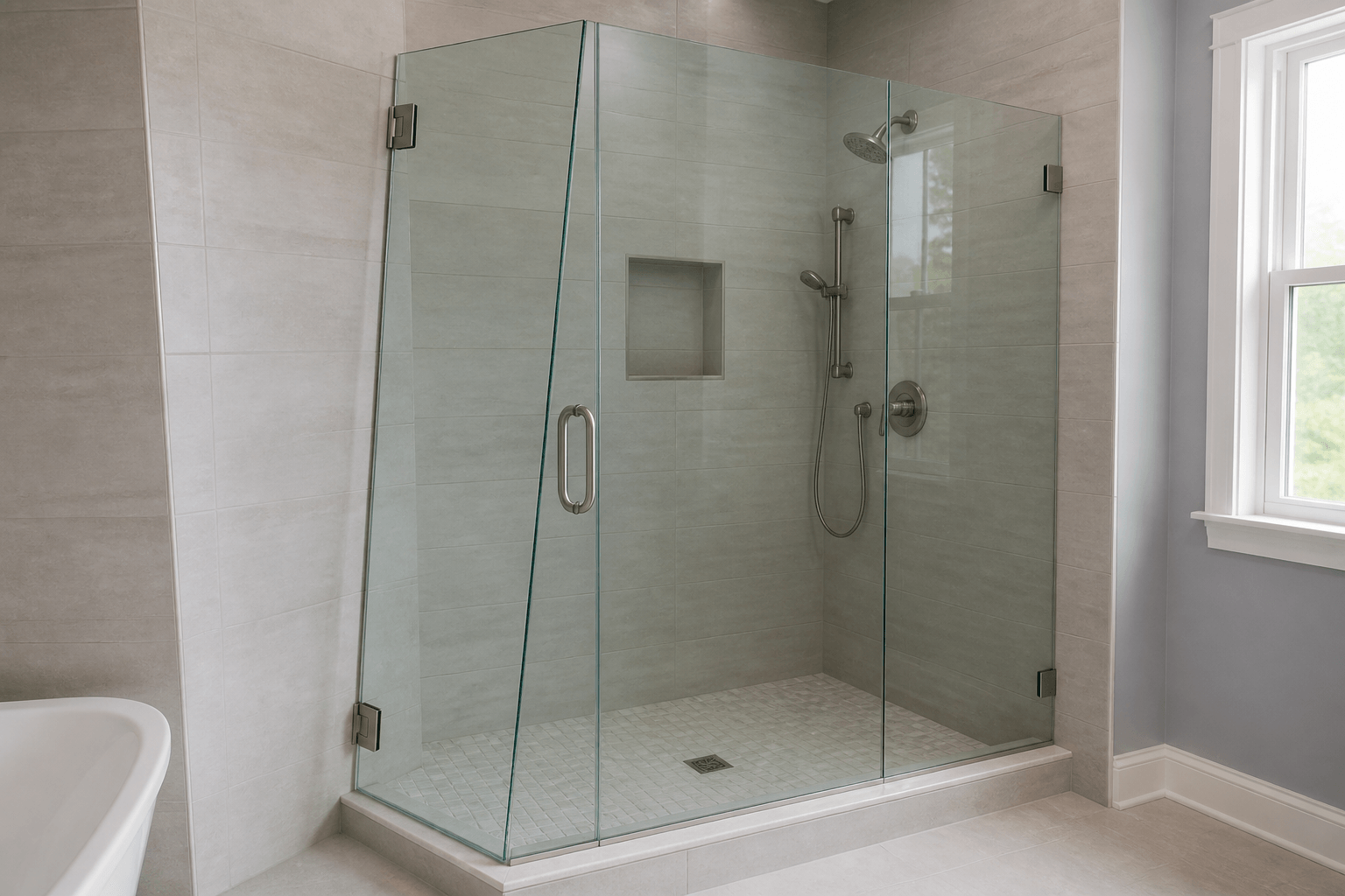 Custom frameless shower glass fitted to a subtly leaning tiled wall with a narrow tapered gap.