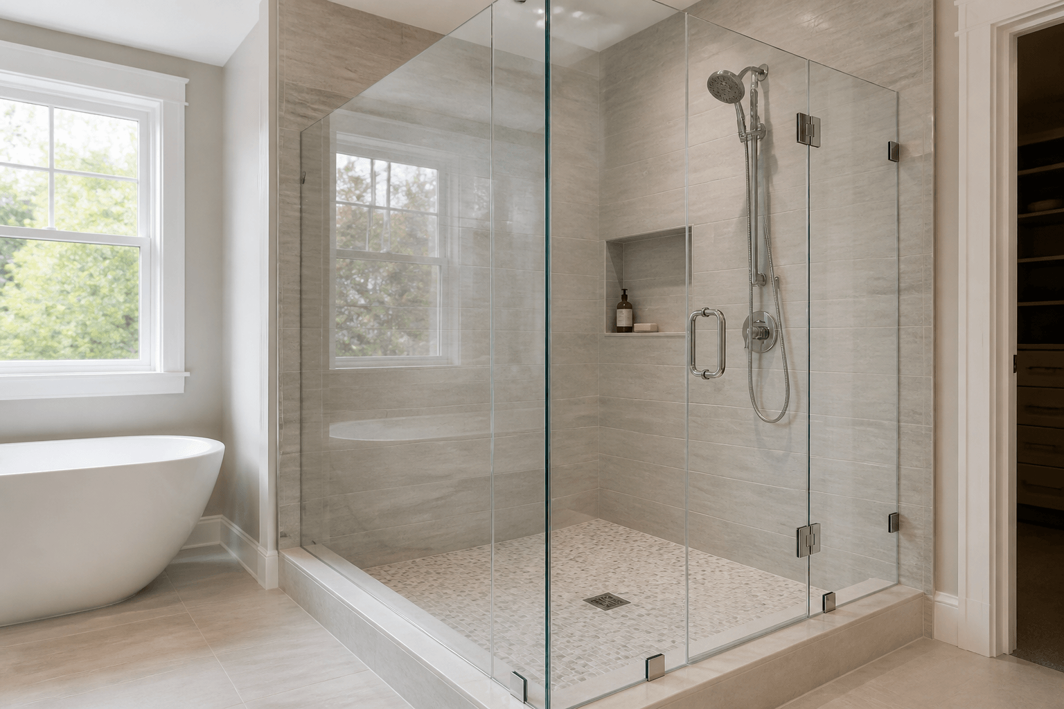 Close view of a frameless shower enclosure showing thick tempered glass, hinges, and support clamps.