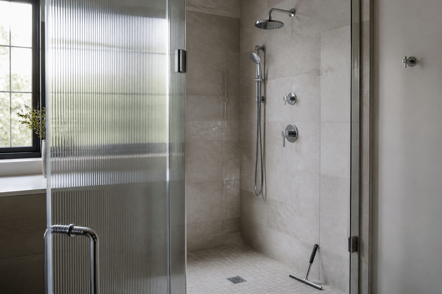 Reeded shower glass with the textured side facing out and the smooth side facing the water.