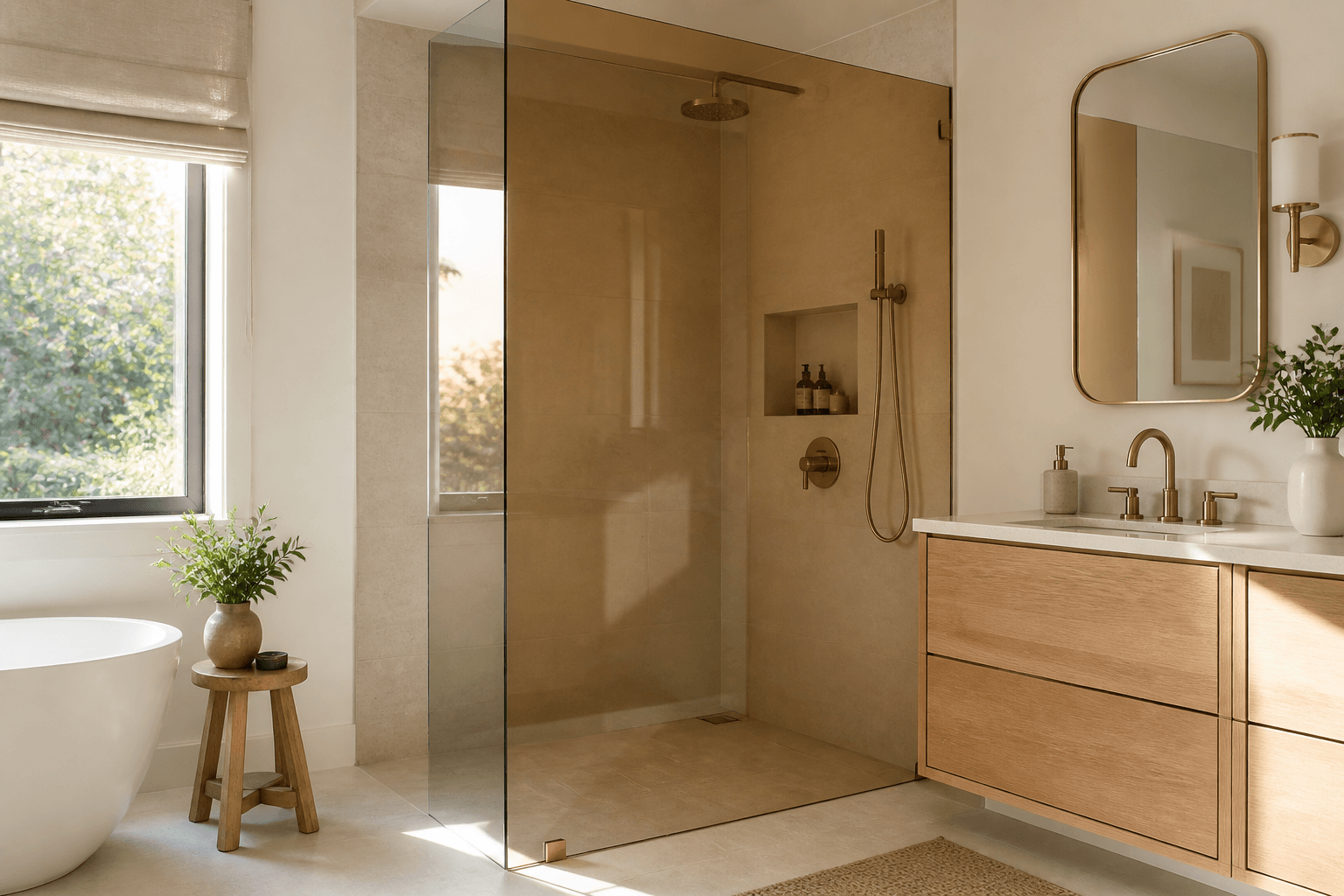 Bright bathroom with a frameless shower enclosed by warm bronze-tinted glass.