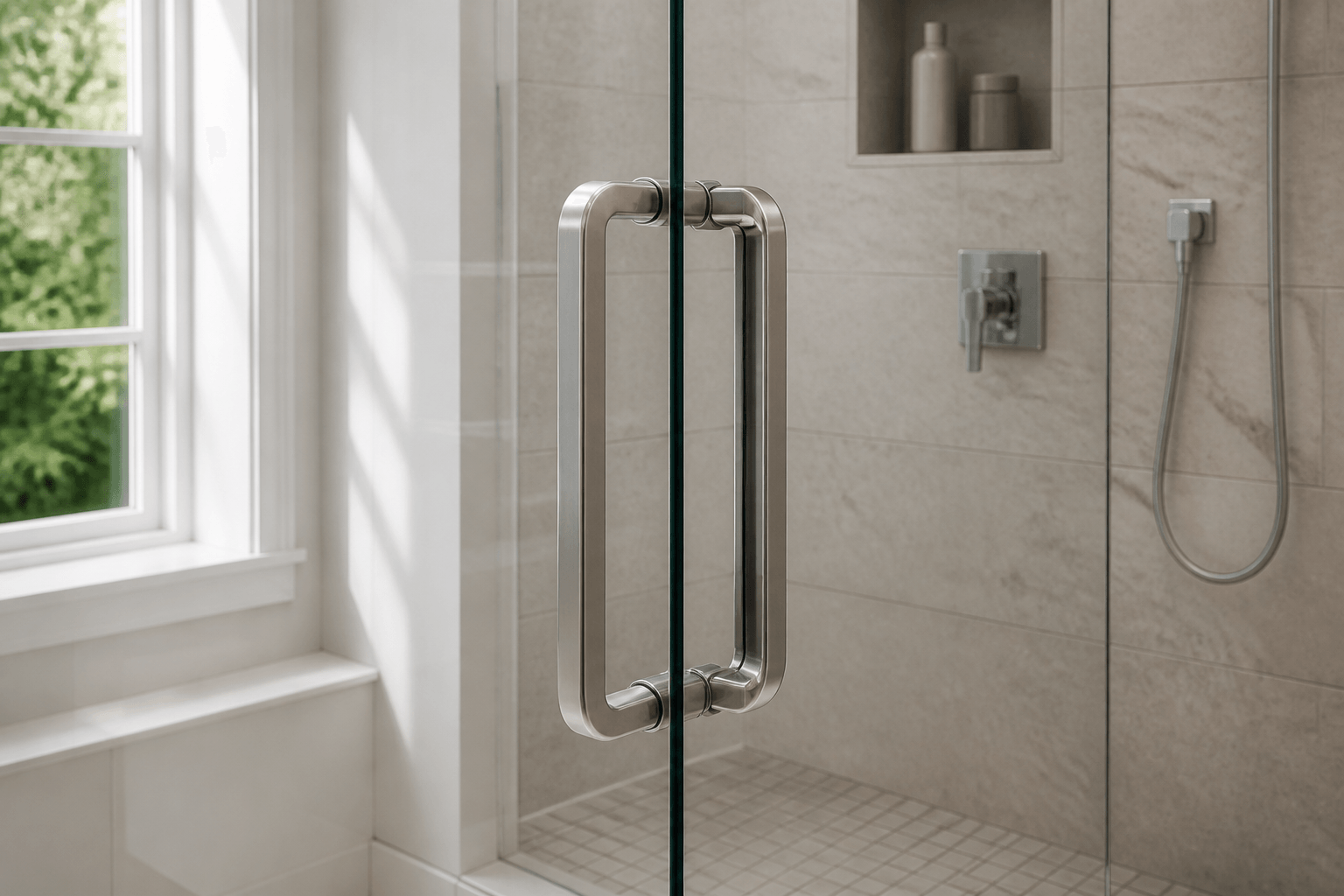 Smooth back-to-back pull handle on a frameless glass shower door in a naturally lit bathroom.