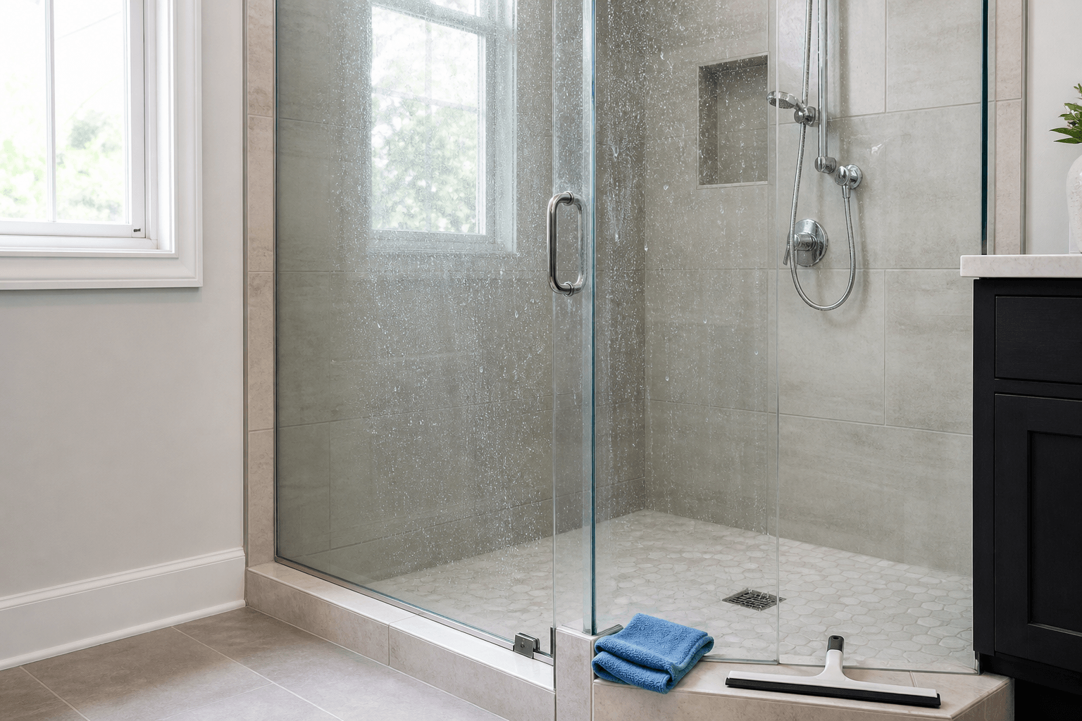 Mineral water spots visible on frameless shower glass beside a squeegee and microfiber cloth.