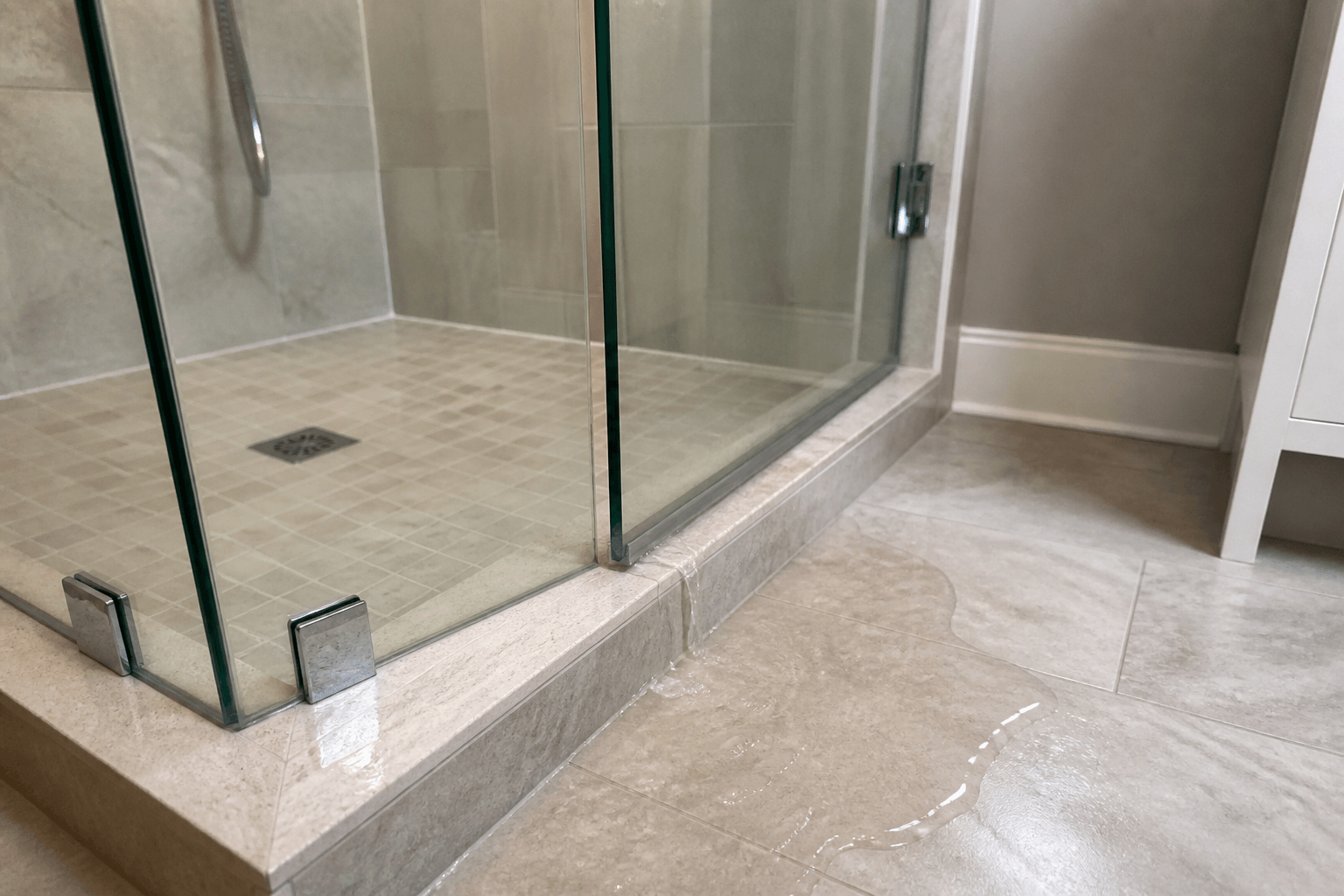 Water escaping beneath a frameless glass shower door and pooling on the tile floor near the curb.