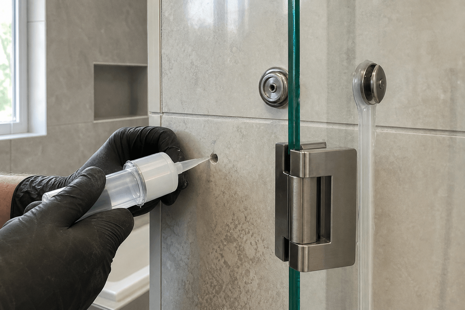 Installer seals a drilled tile opening before mounting frameless shower glass hardware.