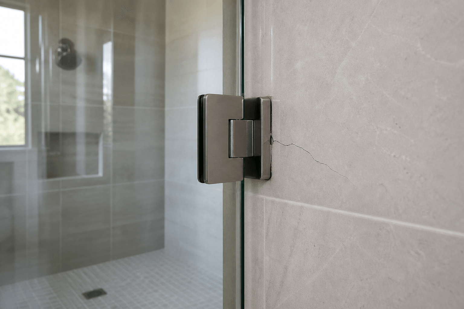 Hairline crack in shower tile beside a frameless glass door hinge.