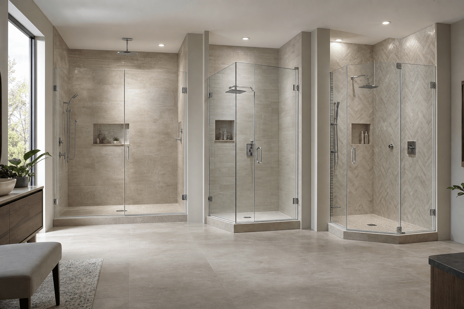 Straight, 90-degree corner, and neo-angle glass shower enclosures displayed side by side.