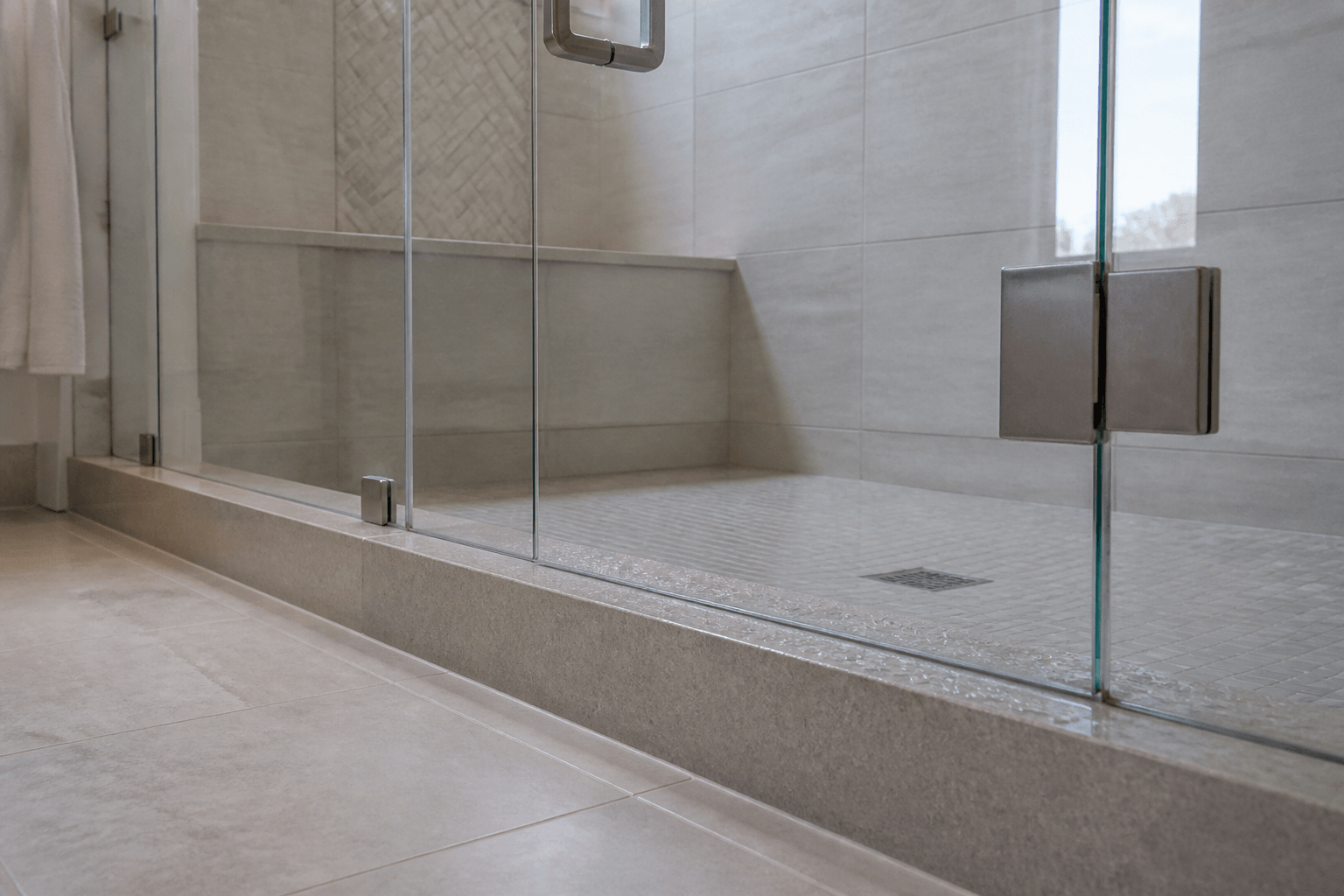 Close-up of a frameless glass shower curb sloped inward toward the shower drain.