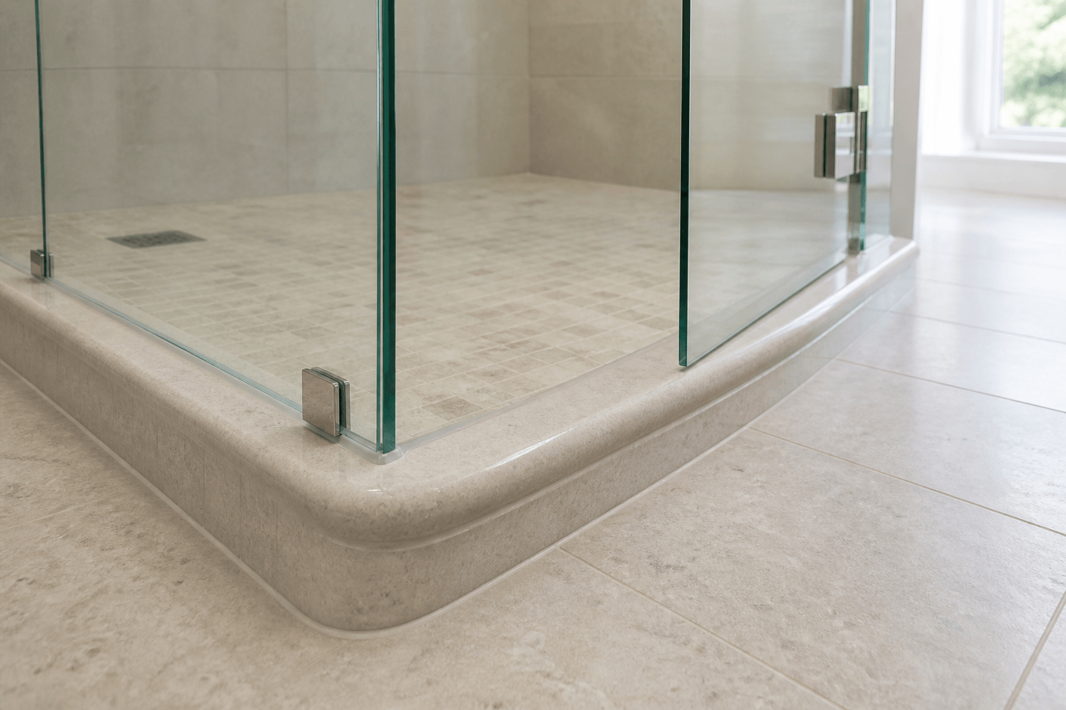 Frameless glass shower door above a gently beveled stone curb with visible sweep clearance.