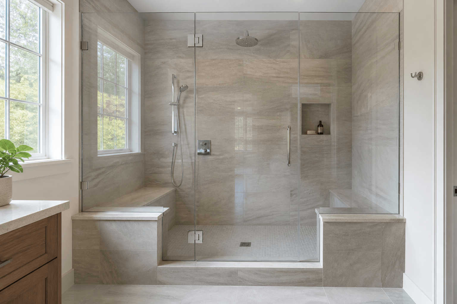 Frameless shower glass centered on a tiled curb that slopes inward toward the shower.