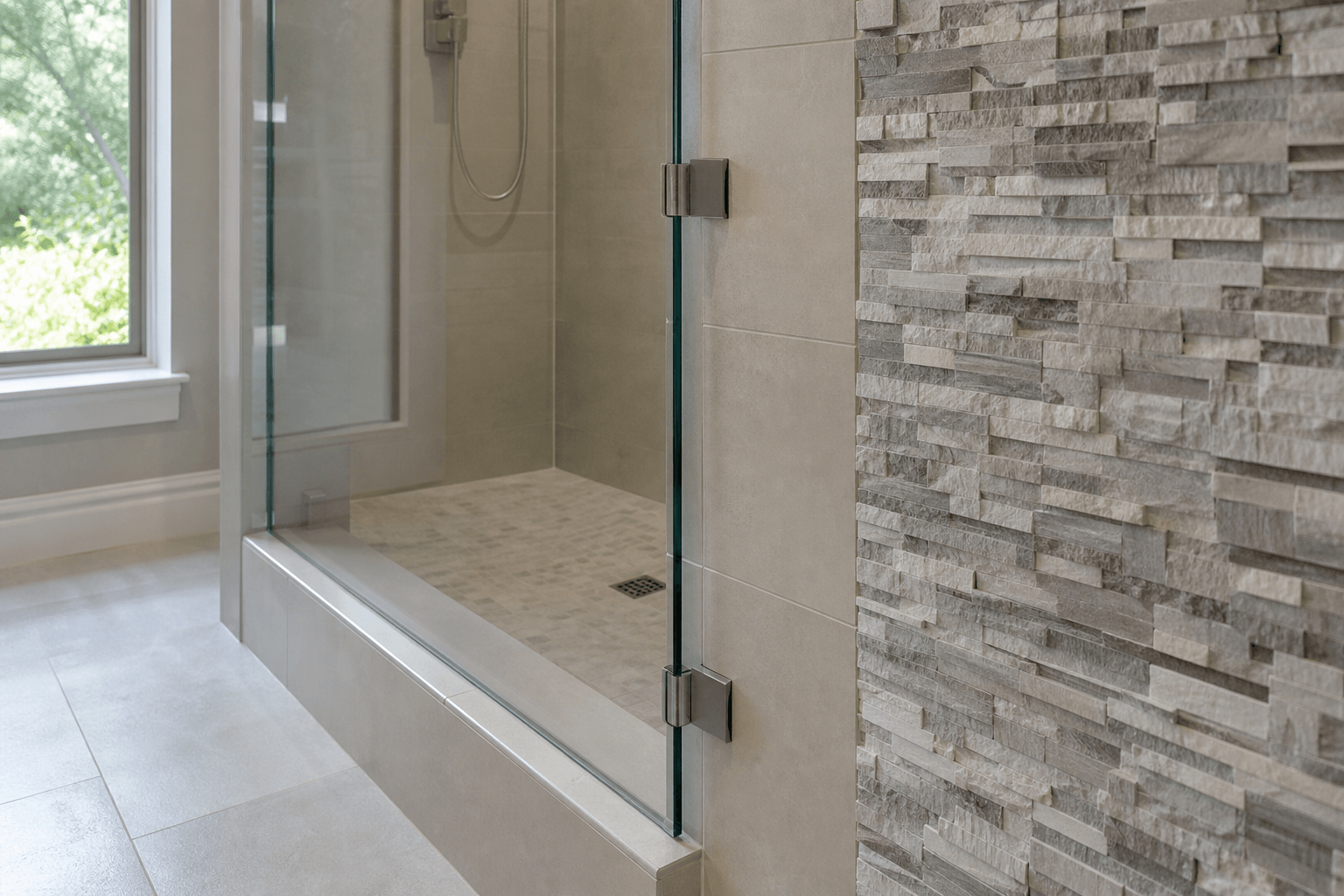 Frameless shower glass mounted on a smooth border beside a textured mosaic tile wall.