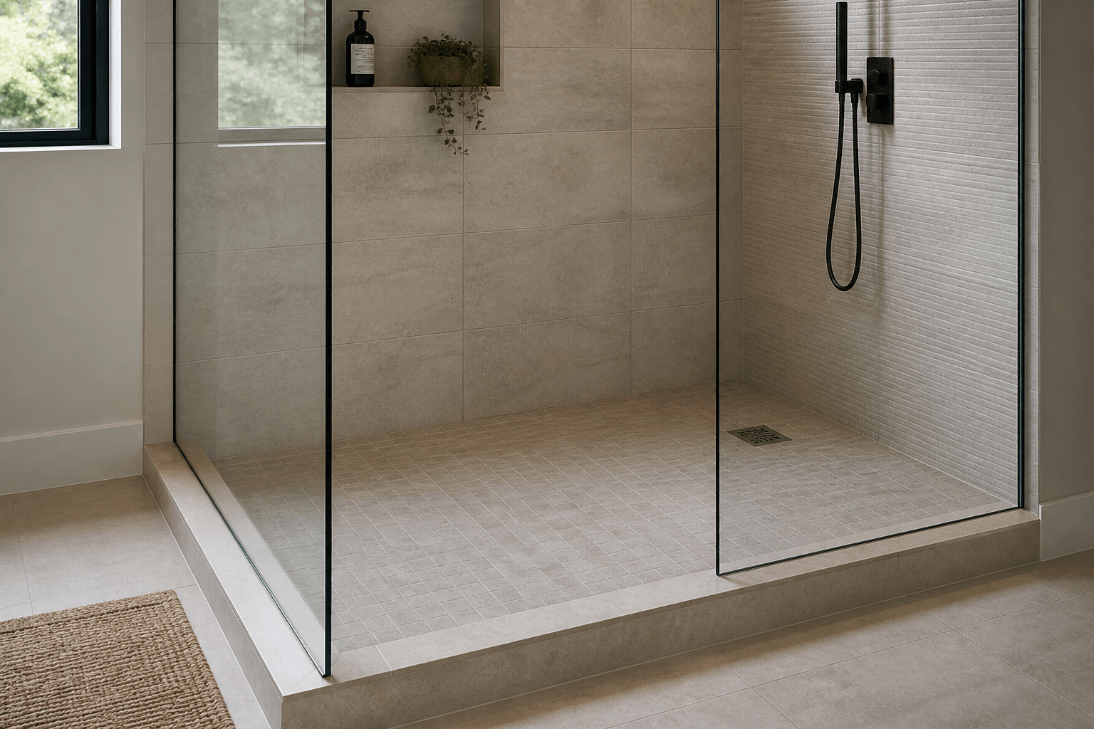 Frameless glass shower with an offset floor drain near the plumbing wall.