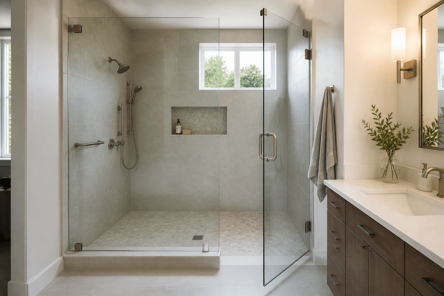 Frameless shower with a fixed glass panel and hinged door opening clear of a nearby vanity.