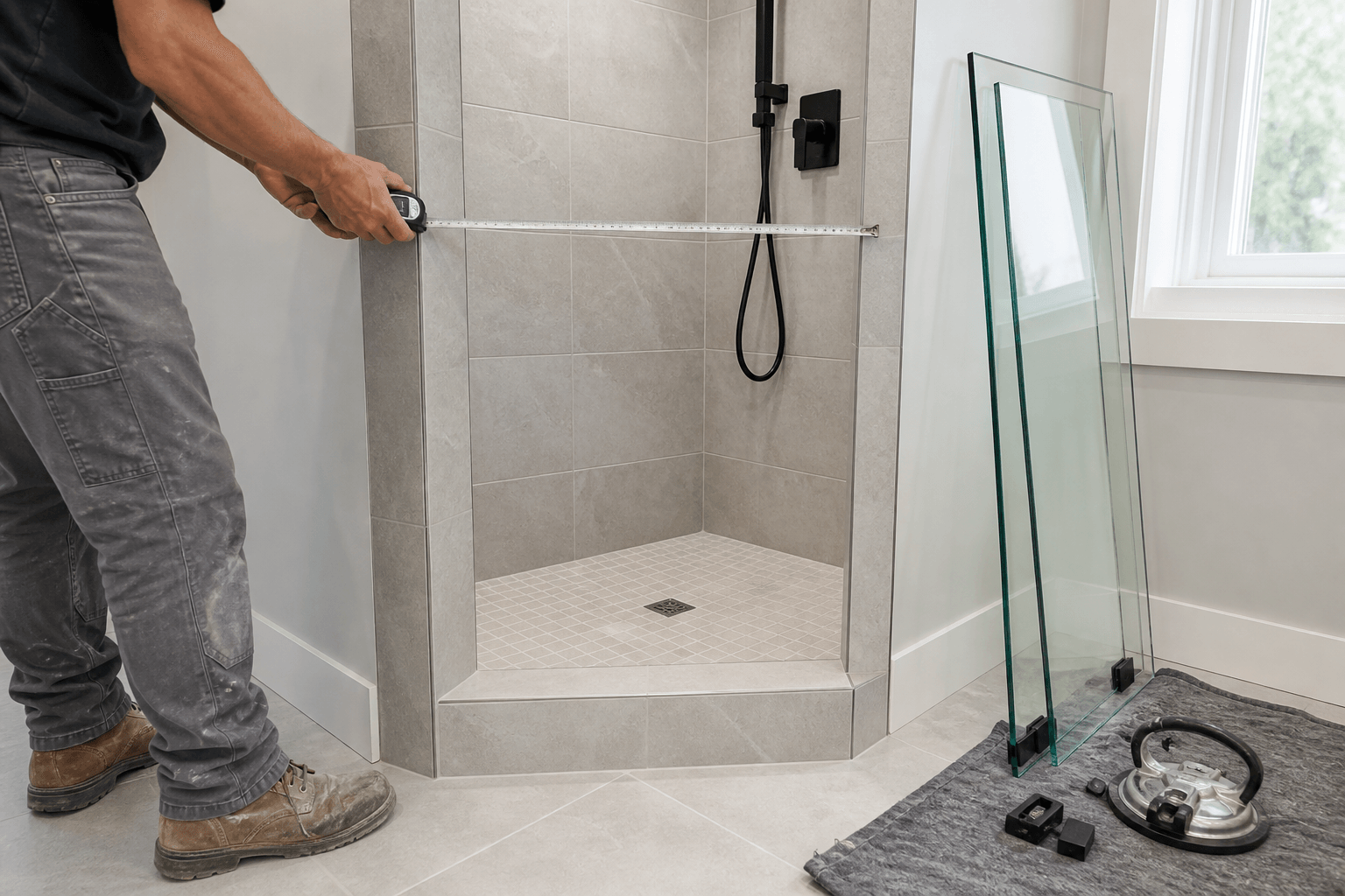 Installer measures a narrow opening between finished tiled shower walls for custom glass.
