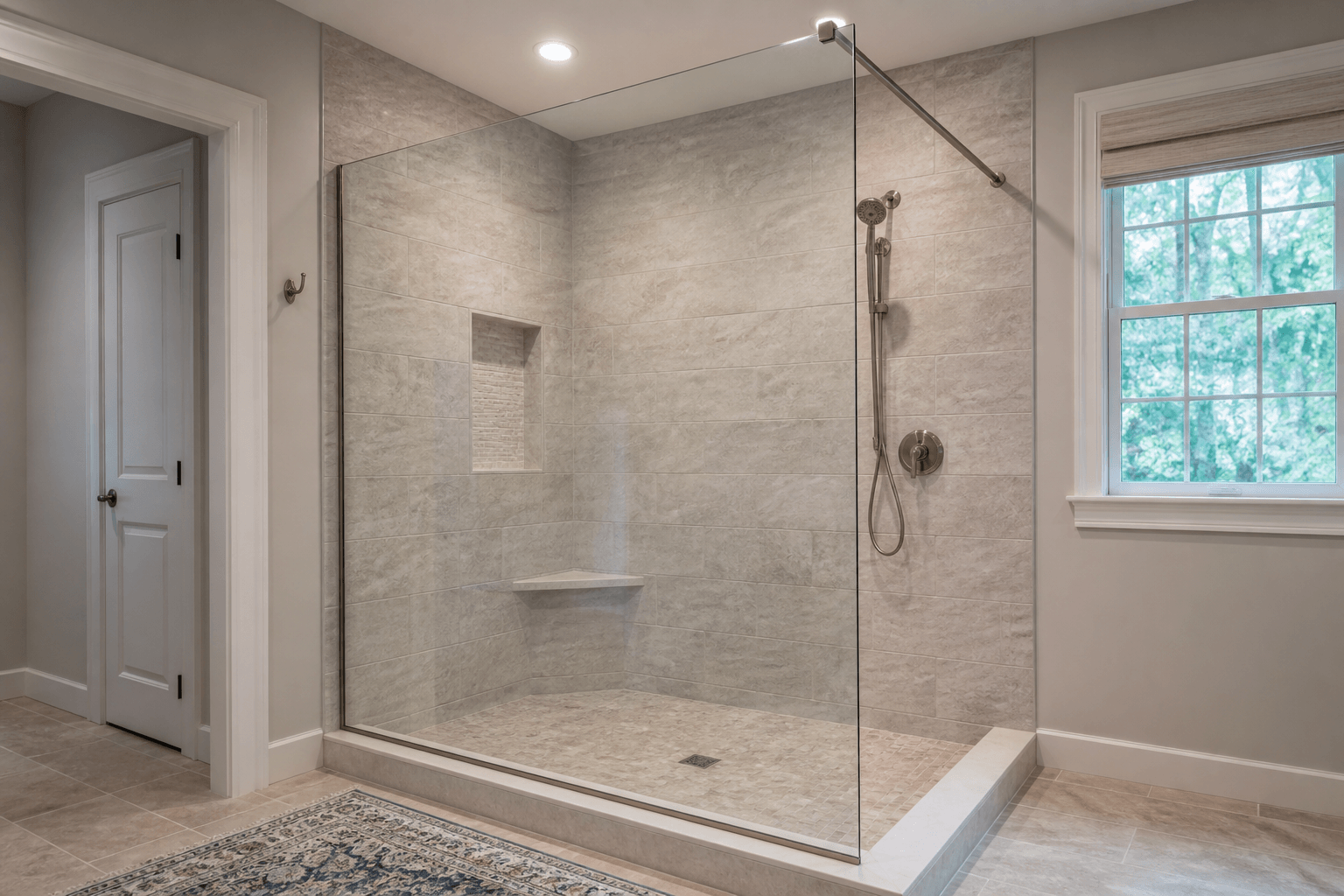 Extra-wide fixed shower glass panel secured by a slim stabilizing bar in a modern tiled bathroom.