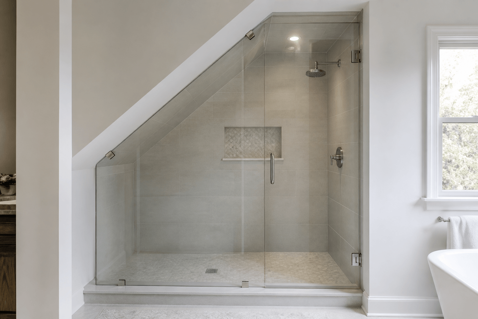 Frameless shower with an angled fixed glass panel fitted beneath a sloped ceiling.