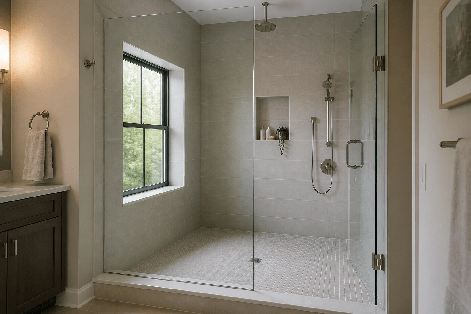 Frameless shower glass arranged around a tiled bathroom window with a fixed panel and clear hinged door.