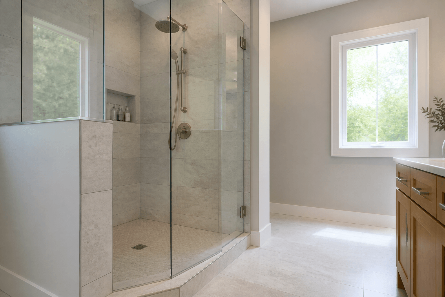 Frameless shower with wall tile extending several inches beyond the glass edge and hinge.