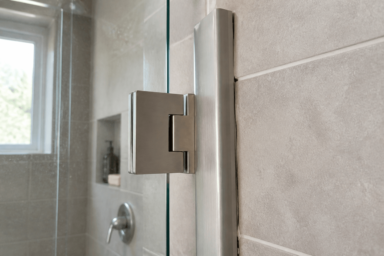Frameless shower hinge meeting raised metal tile trim at the edge of a tiled wall.